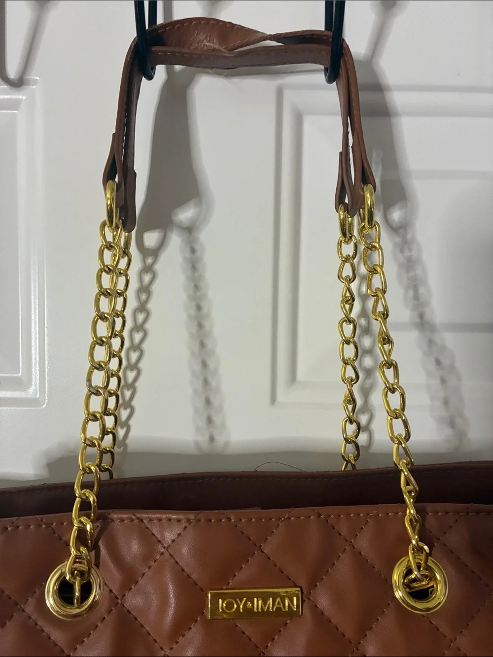 Love Quilted Tan Tote with Gold Chain Handles